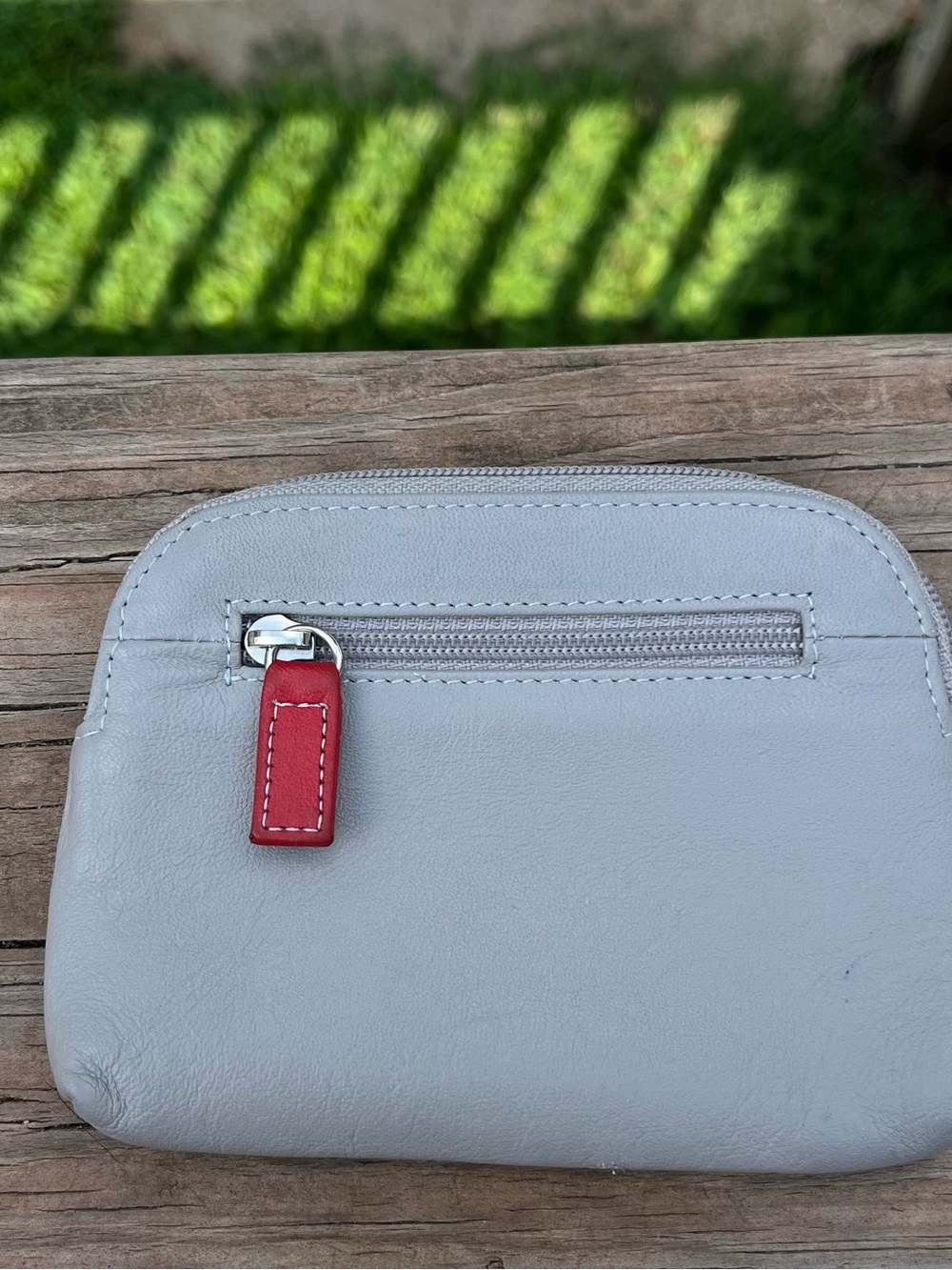Neutral Gray Leather Coin Wallet with Red Zip Pull